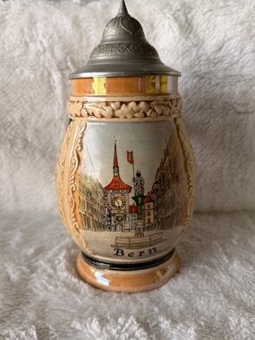 Vintage German Beer Stein Bern Switzerland Scene Pewter Lid
